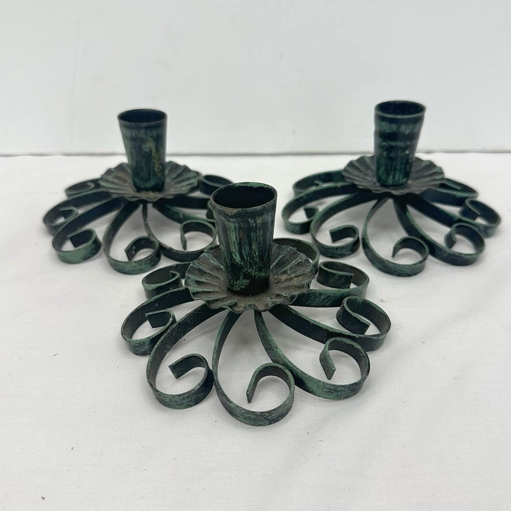 Set 3 VTG Metal Spanish Revival Gothic Candlestick Holders Filigree Scrollwork